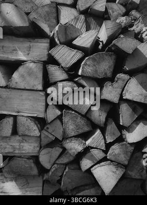 Gros plan noir et blanc de bûches de bois de chauffage empilées, montrant des textures rugueuses et des motifs de grain de bois naturel. Banque D'Images