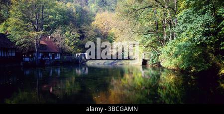 Blautopf, Alpes, source près du monastère de Blaubeuren, Alb souabe, Bade-Wuertemberg, Allemagne, Europe Banque D'Images