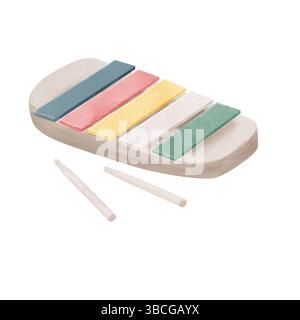Xylophone drôle pour enfants avec baguettes illustration d'aquarelle. Jouet musical pour enfants pour les tout-petits, isolé sur un fond blanc. Pour les enfants Banque D'Images