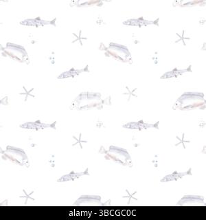 Les poissons de mer et de rivière nagent autour de l'étoile de mer. Illustration aquarelle. Motif sans couture. Bulles d'air dans le monde sous-marin, bancs de poissons beiges Banque D'Images