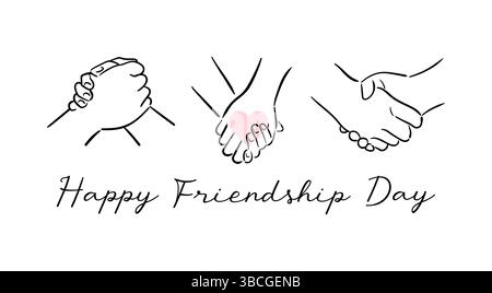 Bonne Journée de l'amitié. Illustration vectorielle représentant deux mains diverses se tenant l'une l'autre, symbolisant l'amitié et l'unité. coeur, rayonnement de chaleur Illustration de Vecteur