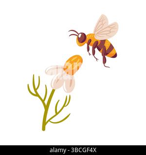 Illustration vectorielle représentant une abeille en plein vol, approchant gracieusement une Marguerite vibrante. La scène capture l'essence du printemps, mettant en valeur th Illustration de Vecteur