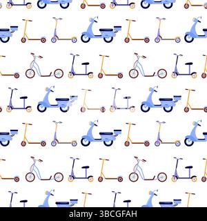 Un motif sans couture avec divers scooters électriques, chacun conçu avec des couleurs vibrantes et des détails uniques. Cette illustration capture l'essence o Illustration de Vecteur
