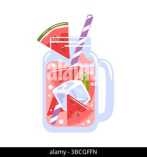 Limonade rafraîchissante à la pastèque dans une tasse en verre transparent, garnie de morceaux de fruits et de feuilles de menthe, garnie de glaçons, servie avec une paille colorée. Illustration de Vecteur