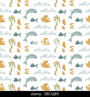 Motifs d'éléments d'été bohème avec des poissons tropicaux, des vagues et des palmiers pour la conception. Illustration de Vecteur