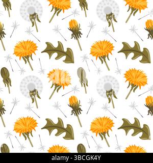 Un motif captivant avec des pissenlits éclatants sur un fond vert luxuriant. Le design animé met en valeur les fleurs joyeuses et moelleuses Illustration de Vecteur
