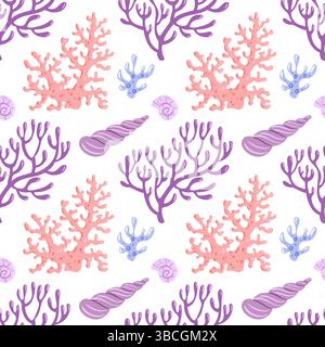 Un motif sans couture composé de coraux et de coquillages complexes, mettant en valeur un mélange harmonieux de vie marine. Parfait pour les dessins textiles, papiers peints, an Illustration de Vecteur