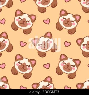 Un motif sans couture présentant de charmants visages de chaton kawaii sur un fond beige doux, accentué de cœurs mignons. Ce joli motif ajoute une touche de playfu Illustration de Vecteur