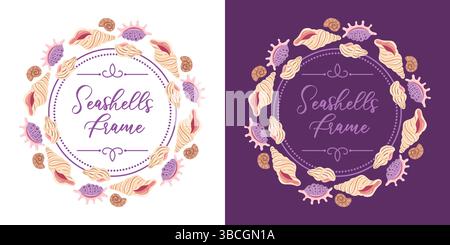 Une illustration vectorielle polyvalente avec des cadres ronds faits de divers coquillages, placés sur des arrière-plans clairs et sombres. Parfait pour améliorer les Illustration de Vecteur