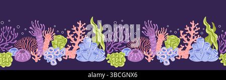 Cette bordure vectorielle sans couture présente un design élégant de coraux colorés, créant un motif vibrant et dynamique. Parfait pour les projets sur le thème de l'océan, Illustration de Vecteur
