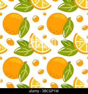 le motif vectoriel sans couture présente des oranges vibrantes placées sur un fond frais et lumineux. Le design ludique met en valeur des oranges entières et des tranches, faisant Illustration de Vecteur
