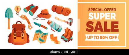 Une illustration vectorielle vibrante présentant une bannière horizontale pour une super vente sur l'équipement de camping. Avec des tentes, des sacs à dos et des accessoires extérieurs, pe Illustration de Vecteur