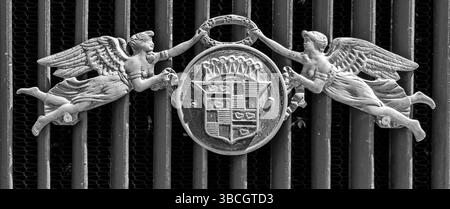 Suisse - 23 juin 2019 : gros plan du logo d'une Cadillac 1925 de sport de course bleue modèle 314 au Heidiland Classic car Meeting Banque D'Images