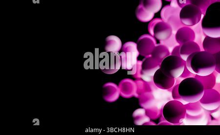 Les sphères roses éclatantes se regroupent sur un fond noir foncé, créant un motif abstrait surréaliste. Illustration 3D du blender Banque D'Images