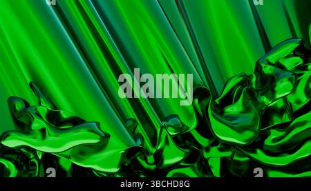Vagues abstraites vert métallisé brillantes avec un design fluide et fluide. Illustration, rendu 3D Blender Banque D'Images