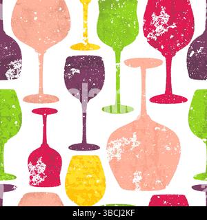 Verres multicolores à vin avec motif sans couture de texture grunge peint. Illustration d'esquisse d'aquarelle dessinée à la main de vecteur. Liste des boissons alcoolisées, menu de bar Illustration de Vecteur