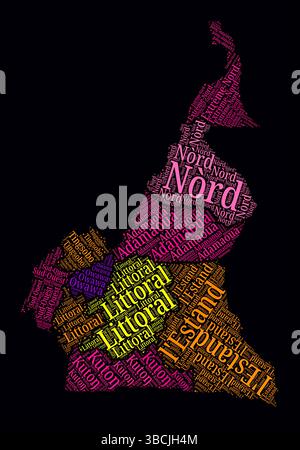 Cameroun régions nuages de mots. Design de style néon lumineux sur fond sombre. Noms de région du pays en anglais. Illustration de Vecteur
