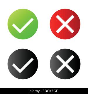 L'image montre une collection de quatre icônes circulaires, chacune contenant un symbole distinct : deux coches de couleurs différentes et deux croix, définies à nouveau Illustration de Vecteur