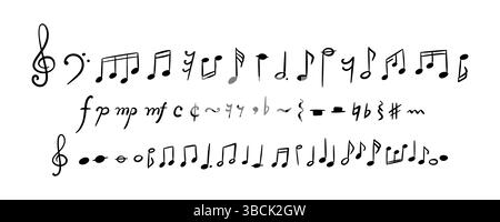 Définissez si vous dessinez à la main des notes de musique, des signes et des symboles. Jeu d'icônes de gribouillage de crayon manuscrit. Clef d'aigus et de basse, touches de feuille de musique, moitié, entier, qu Illustration de Vecteur