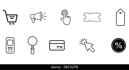 Icône de commerce électronique et d'achat définie avec les symboles panier, mégaphone, billet, étiquette et paiement Illustration de Vecteur