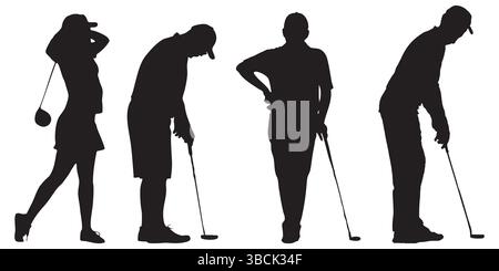Silhouettes de golfeurs masculins et féminins posant et mettant avec des clubs de golf Illustration de Vecteur