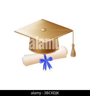 rouleau de diplôme 3d avec chapeau de diplômé. Papier rouleau vintage Illustration de Vecteur