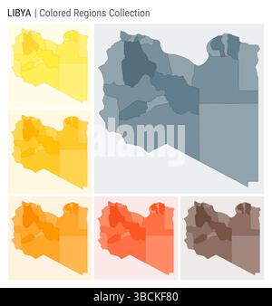 Collection de cartes de Libye. Forme de pays avec régions colorées. Bleu, gris, jaune, ambre, orange, palettes de couleurs Orange foncé et Marron. Illustration de Vecteur