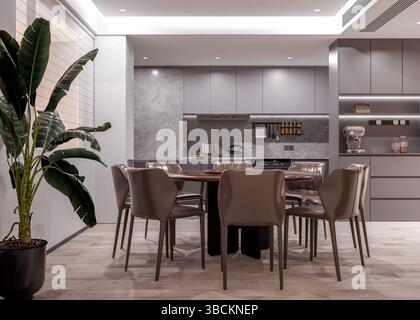 La cuisine éclairée par un éclairage blanc frais, créant une ambiance spacieuse et moderne. La clarté et les tons neutres soulignent les lignes nettes et f Banque D'Images