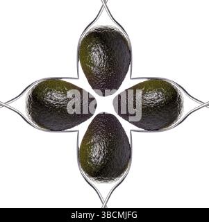 Carré de quatre avocats entre deux fourchettes, isolé sur blanc Banque D'Images