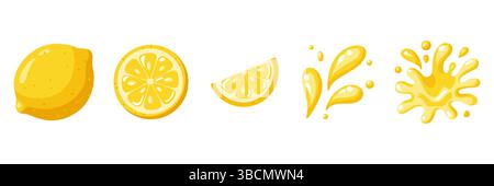 Tranches de citron, gouttes jaunes et ensemble éclaboussures. Éléments pour boisson et nourriture. Illustration isolée de vecteur de dessin animé Illustration de Vecteur