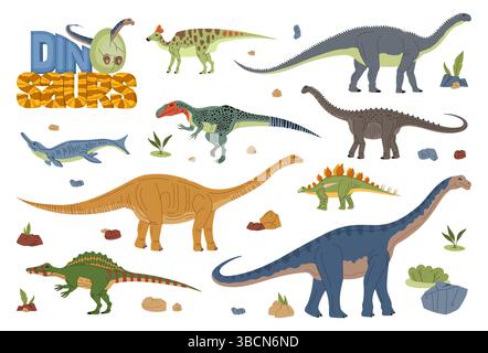 Personnages de dinosaures et de dinosaures animés avec des plantes préhistoriques de la jungle et des roches volcaniques du jurassique. Aragosaurus géants, aegyptosaurus et amygdalodon dinosaures et baby Dino dans l'oeuf Illustration de Vecteur