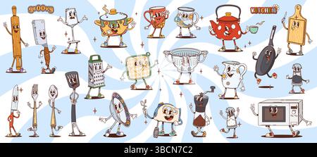 Ustensiles de cuisine rétro groovy et ustensiles personnages. Vector drôles tasses, verre et bouilloire, groovy Hippie cuillère, fourchette et couteaux, pot de cuisson, poêle et assiette. Personnages d'outils de cuisine psychédéliques Illustration de Vecteur