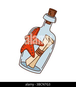 Le message de pirate groovy de dessin animé et de corsaire, roulé à l'intérieur d'une bouteille en verre scellée avec un bouchon et une étoile de mer rouge est attaché. Lettre rétro vectorielle isolée en flacon jeté par la mer, carte secrète Illustration de Vecteur