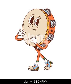 Personnage d'instrument de musique à percussion tambourin groovy de dessin animé avec un visage heureux et une expression énergique ludique. Vecteur isolé drôle rétro y2k personnage porte des baskets et des gants hippie à la mode Illustration de Vecteur