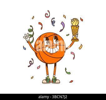 Personnage de ballon de basket-ball sportif groovy de dessin animé célébrant la victoire, détient un trophée d'or tandis que des confettis tombent autour, soulignant l'excitation, le succès et l'esprit sportif dans une compétition sportive amusante Illustration de Vecteur