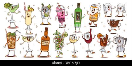 Boissons et personnages de boissons hippie groovy. Vector drôles de verres de vin, mojito, margarita et gin tonic boissons alcoolisées cocktails. Personnages de bière groovy psychédélique, de café et de thé à bulles Illustration de Vecteur