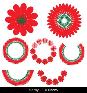 Fleurs style pétales formes circulaires rouges pour logos décoratifs, bordures et modèles vectoriels gras avec des éléments ludiques Illustration de Vecteur