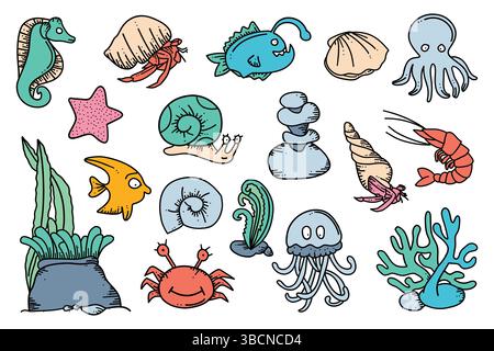 L'illustration fantaisiste de la vie marine montre diverses créatures marines dans un design amusant de style de bande dessinée. Illustration de Vecteur