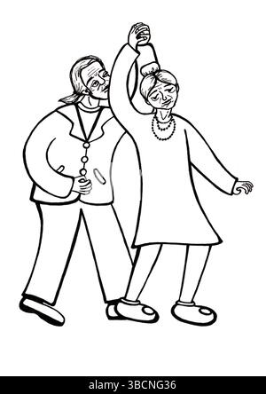 Couple de vieillards et de femmes dansant. L'homme est en costume, ses cheveux sont attachés en queue de cheval. La femme fait du twirl. Ses cheveux sont attachés en chignon, elle a robe, collier. Ligne Contour noir. Fond blanc. Banque D'Images