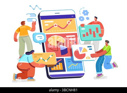 Analyse des données. Analyse en ligne et statistiques sur l'écran du smartphone. Développement et gestion financiers. Investissement Illustration de Vecteur