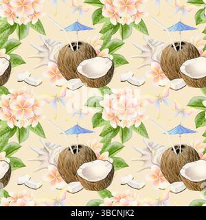 Aquarelle cocktails noix de coco motif sans couture avec fleurs de plumeria, papillons et coquillages sur beige pastel. Fond de répétition tropicale d'été avec Banque D'Images