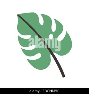 Illustration vectorielle d'une seule feuille de monstera en vert avec une tige foncée audacieuse. Le design est simple, plat et stylisé, parfait pour l'été tropical Illustration de Vecteur