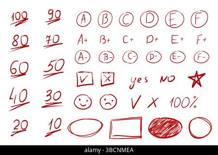 Cochez la case de mise en surbrillance de l'examen Mark point score, flèches et cercles dessinés à la main. Crayon de qualité marqueur rouge enseignant, texture craie. Note du devoir. Illustration vectorielle Illustration de Vecteur
