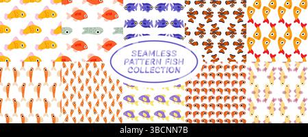 Collection de 10 motifs de poissons de bande dessinée sans couture dans différentes couleurs et styles, disposés dans une disposition carrelée colorée. Illustration de Vecteur