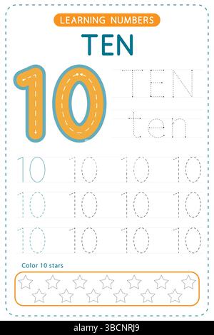 Traçage numéro dix. Feuilles de travail préscolaires. Pratique de l'écriture pour les enfants. Conception vectorielle. Illustration de Vecteur
