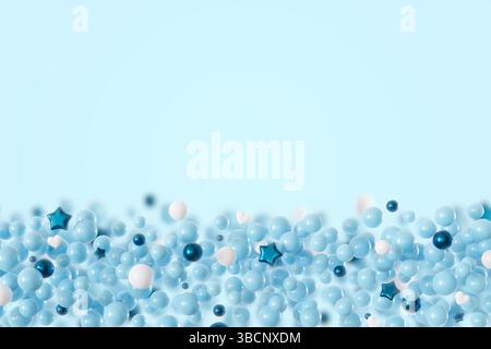 Ce rendu 3D présente un fond sur le thème garçon rempli de sphères vibrantes dans différentes nuances de bleu, blanc et accents de sarcelle, offrant amplement Banque D'Images