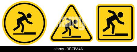 Autocollant de sécurité symbole de risque de trébuchement. Symbole d'avertissement de chute d'obstacle sur la surface du sol. Signe de chute du pied de la personne, attention. Illustration vectorielle Illustration de Vecteur