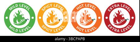 Icône de flammes de feu de piment rouge. Niveau de piment doux, niveau épicé, niveau chaud, niveau extra. Icônes chaudes épicées vertes, jaunes, oranges. Logo épicé. Illustration de Vecteur