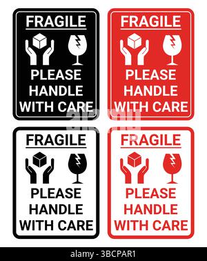 Icônes d'emballage fragiles définies, manipuler avec soin la logistique et les étiquettes d'expédition de livraison. Boîte fragile, signes de vecteur d'avertissement de cargaison Illustration de Vecteur