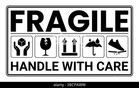 Icônes d'emballage fragiles définies, manipuler avec soin la logistique et les étiquettes d'expédition de livraison. Boîte fragile, signes de vecteur d'avertissement de cargaison Illustration de Vecteur